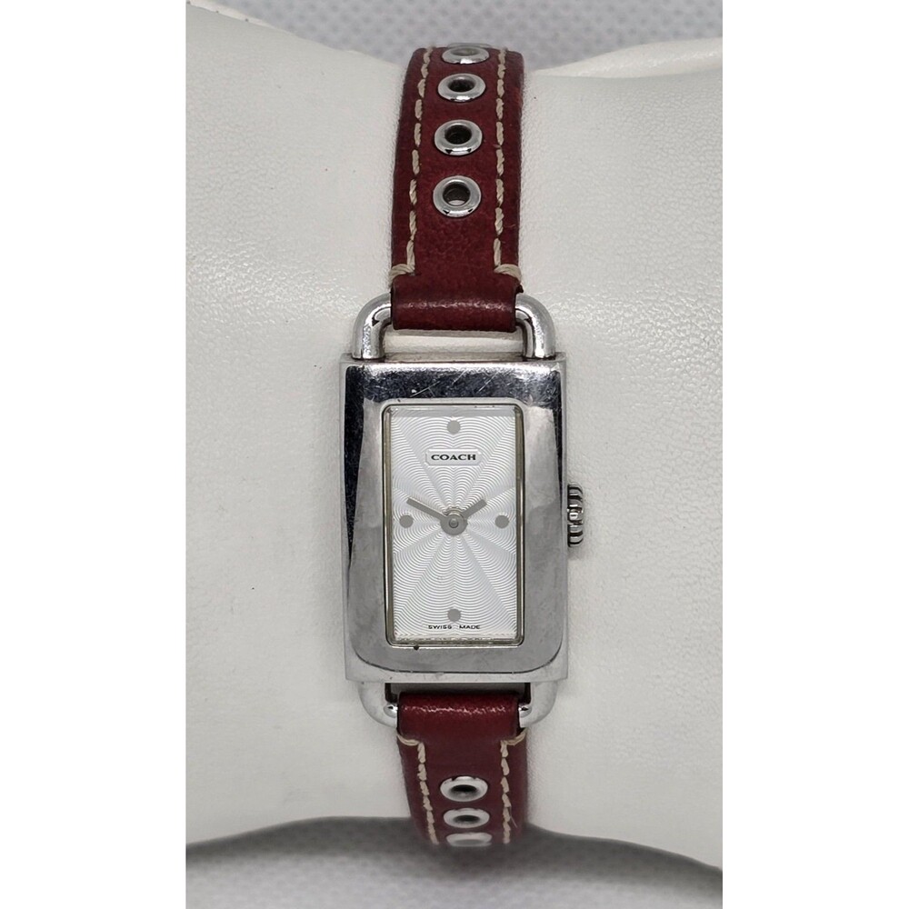 Women's Coach Petite Tank Silver Tone Red Leather Strap Watch 0219 14 - Picture 1 of 9